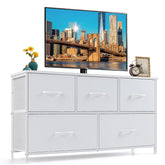 SageNest front view of 5-drawer fabric dresser showing clean storage and compact profile