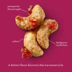 Sahale Snacks pomegranate-infused apple pieces detail emphasizing tart contrast benefit