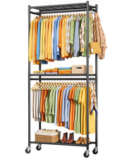 Sakugi front view of clothes rack showing organized garments and accessibility