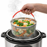 Salbree front view of steamer basket showing fit and durable finish, easy storage benefit