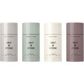 Salt & Stone four-pack front packaging showing travel deodorants and benefits