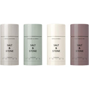 Salt & Stone four-pack front packaging showing travel deodorants and benefits