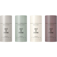 Salt & Stone four-pack front packaging showing travel deodorants and benefits