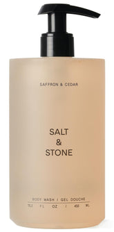 Salt & Stone frasco de gel de ducha Saffron & Cedar mostrando el frente y diseño