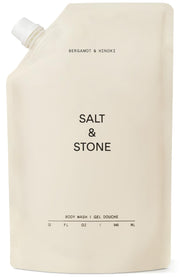 Salt & Stone refill pouch front view showing bergamot hinoki label and benefits