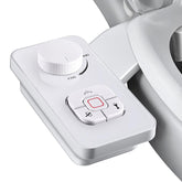 SAMODRA bidet attachment front view showing compact white unit and controls for easy upgrades