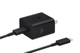 Samsung cargador 45W vista frontal, diseño compacto y carga rápida