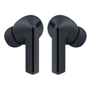 Samsung Galaxy Buds3 FE front view showing sleek black design and compact case benefit: portable style
