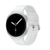 Samsung Galaxy Watch8 front view showing silver case and clear display benefit