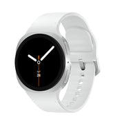 Samsung Galaxy Watch8 front view showing silver case and clear display benefit