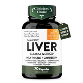 Sandhu's frasco frontal de Liver Cleanse mostrando etiqueta y beneficio hepático