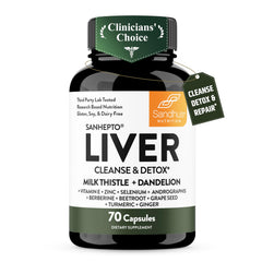 Sandhu's frasco frontal de Liver Cleanse mostrando etiqueta y beneficio hepático