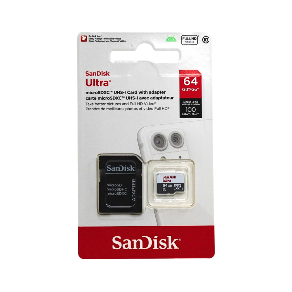 Sandisk tarjeta microSD 64GB frontal en su empaque, compatibilidad Fire certificada