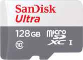 SanDisk tarjeta microSD 128GB frontal del paquete mostrando compatibilidad con Fire