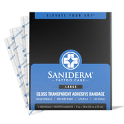 Saniderm frente del empaque mostrando logo y tamaño 8x10 para protección profesional