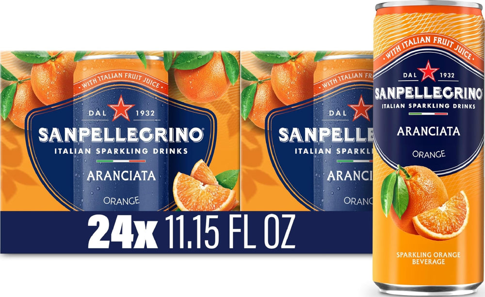 Sanpellegrino lata frontal mostrando marca y naranja, refresco auténtico