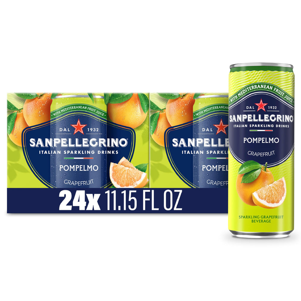 Sanpellegrino Pompelmo frente del pack 24 latas mostrando diseño italiano y conveniencia