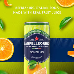Lata Sanpellegrino Pompelmo cerrada con etiqueta visible y atractivo visual