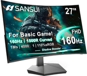 SANSUI 27-inch curved front view showing slim bezels and immersive display benefit