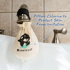 Santevia filter in use with running bath water showing softer rinse