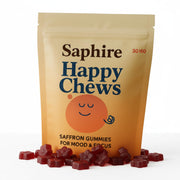 SAPHIRE HAPPY CHEWS front packaging showing label and bottle benefit