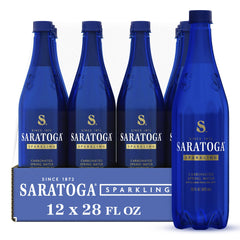 Saratoga botella frontal azul cobalto mostrando tamaño y diseño elegante