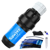 Sawyer Squeeze SP129 kit front view showing filter and accessories for easy portability