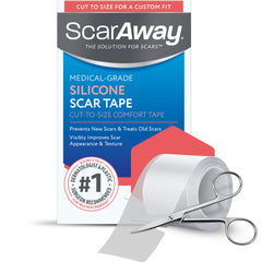 ScarAway rollo transparente mostrando longitud y beneficio de recortabilidad