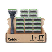 Schick frontal del paquete mostrando 1 mango y 17 recambios, protege la piel