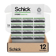 Schick Hydro paquete frontal mostrando 12 recambios y beneficio de reserva prolongada