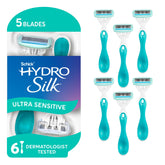 Schick Hydro Silk vista frontal del paquete con 6 unidades y beneficio práctico