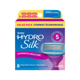 Schick Hydro Silk paquete frontal mostrando las seis recargas y beneficio de reutilizar el mango