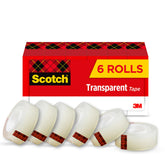 Scotch paquete frontal mostrando seis rollos, práctica reserva doméstica