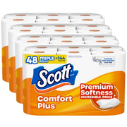 Scott ComfortPlus empaque frontal mostrando 48 rollos y ventajas del producto