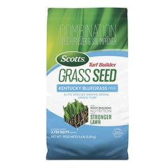 Scotts paquete frontal mostrando mezcla Kentucky Bluegrass y beneficio de raíces fuertes