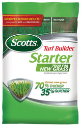 Scotts starter fertilizer front packaging showing product and coverage benefits