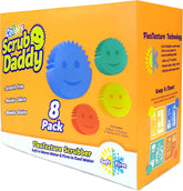 Scrub Daddy frente del empaque mostrando el set de 8 colores y beneficios
