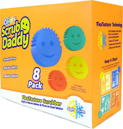 Scrub Daddy frente del empaque mostrando el set de 8 colores y beneficios