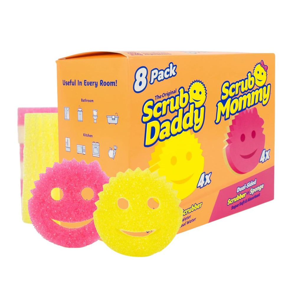 Scrub Daddy vista frontal del paquete mostrando variedad y versatilidad