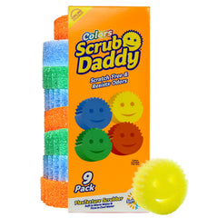 Scrub Daddy frontal del empaque mostrando las 9 esponjas y sus colores, práctico para reposición