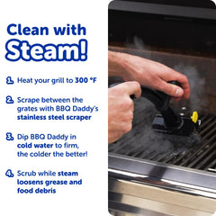 Scrub Daddy stainless-steel scraper detail for removing stubborn char and buildup