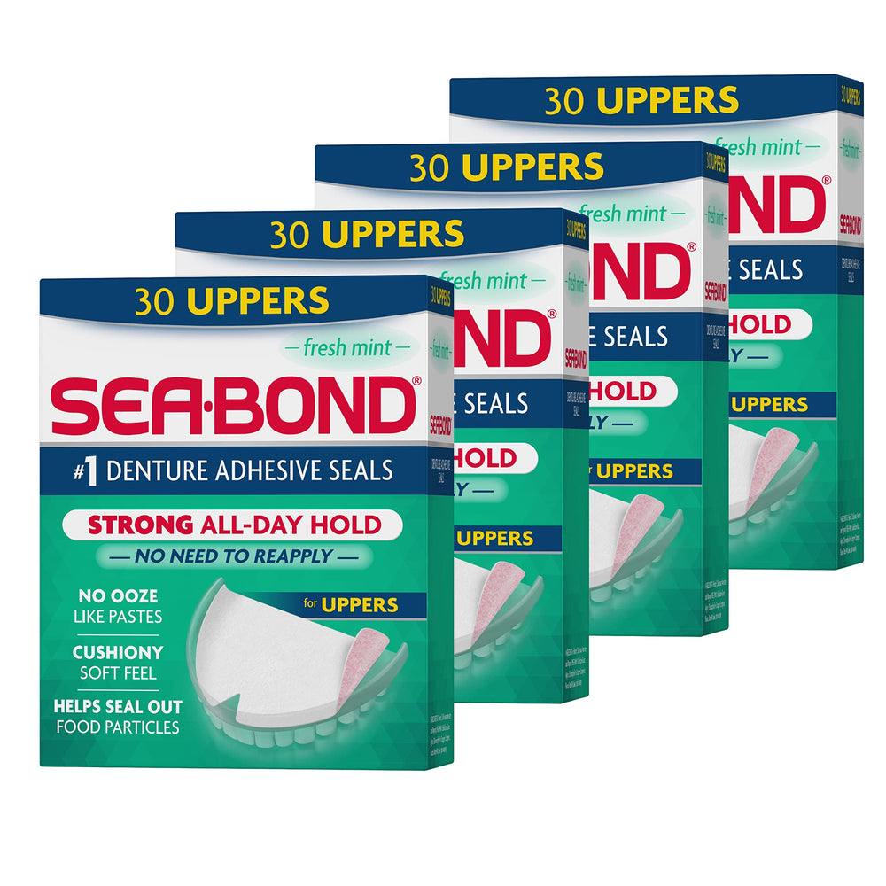 Sea-Bond paquete frontal con 4 cajas y menta fresca que muestra cantidad