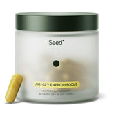 Seed AM-02 jar front view showing packaging and balanced energy benefit