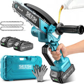Seesii motosierra mini vista frontal con ergonomía y control seguro
