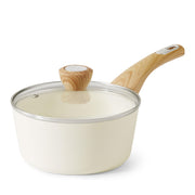 SENSARTE saucepan front view showing white body and glass lid, highlighting sleek design