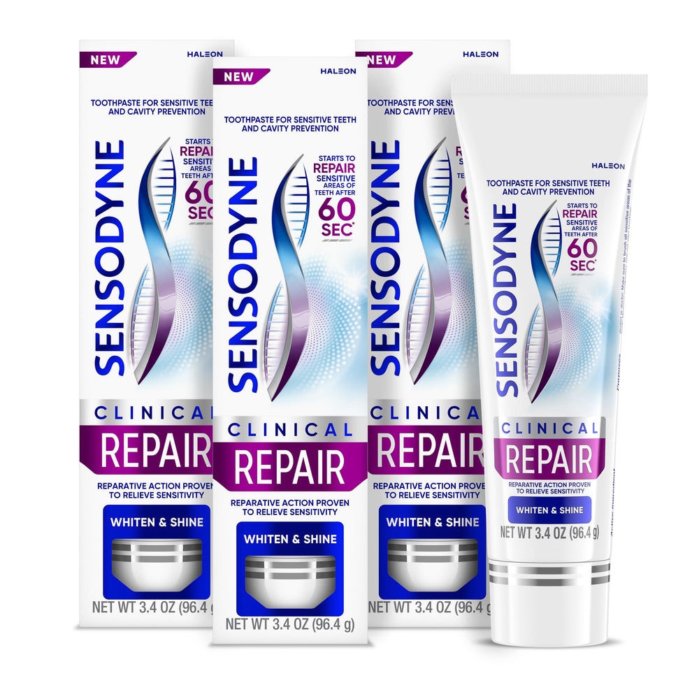 Sensodyne Clinical Repair three-pack front view highlighting packaging and benefit