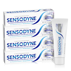 Sensodyne frente del empaque mostrando pack de cuatro y beneficio blanqueador