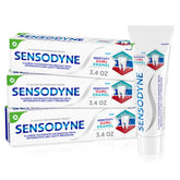 Sensodyne frente del empaque mostrando los tres tubos y beneficio de protección