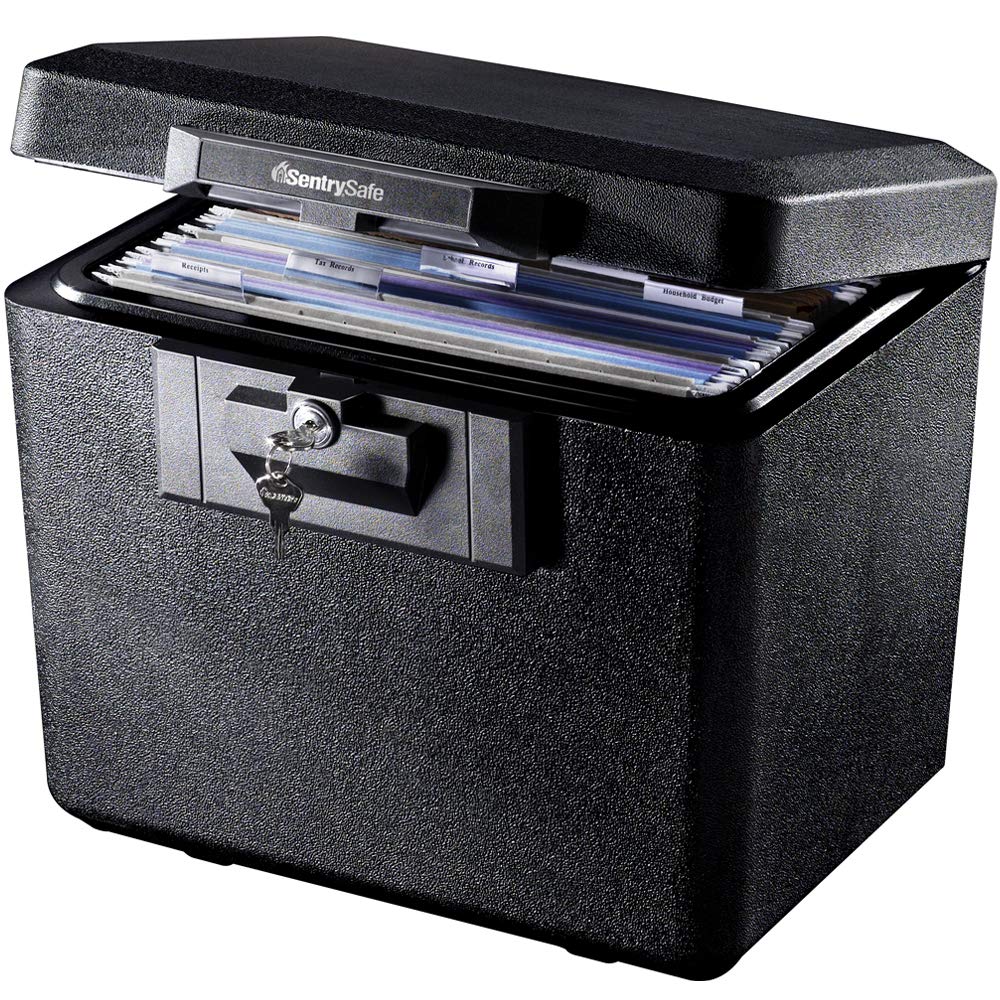 SentrySafe front closed box showing compact black exterior and safe appearance