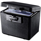 SentrySafe front closed box showing compact black exterior and safe appearance